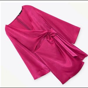 Beautiful fuchsia pink satin short wrap dress. Size L